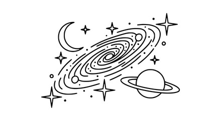 Minimalist Spiral Galaxy, Moon, Planet, Stars - Line Art Illustration © Morham