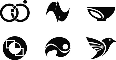 Obraz premium Vector abstract geometric logo collection showing various symbols including bird bowl and circle shapes isolated on white background for creative design branding