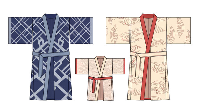 three traditional japanese kimonos with patterned designs flat vector silhouette