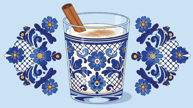 Traditional Mexican Horchata Drink Glass with Cinnamon Stick and Blue Talavera Floral Patterns Vector Illustration
