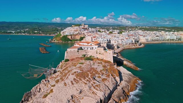 Aerial View of Vieste Medieval Town on a Sunny Day in Puglia Italy