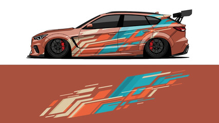 Bright orange race car with blue teal graphics on a bold orange backdrop. © AhzaArdiansyah