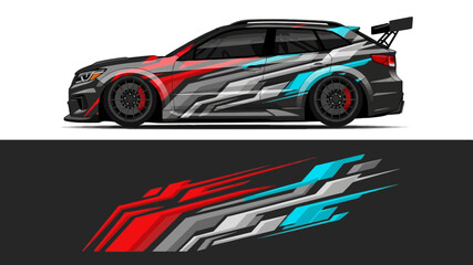 Fototapeta premium Dynamic twin-angle sports race car with bold red, blue, and silver livery featuring graphic stripes.