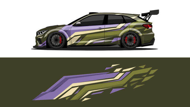 Dynamic purple and gold racing car illustration with abstract wing designs.