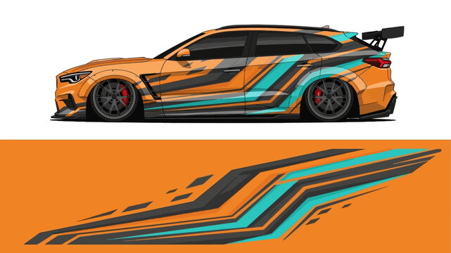 Bright orange sports car with teal blue racing stripes and aerodynamic design.