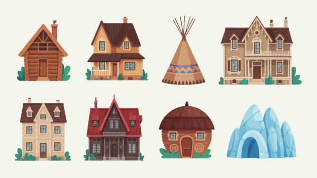 collection of cartoon houses and buildings from different cultures and climates