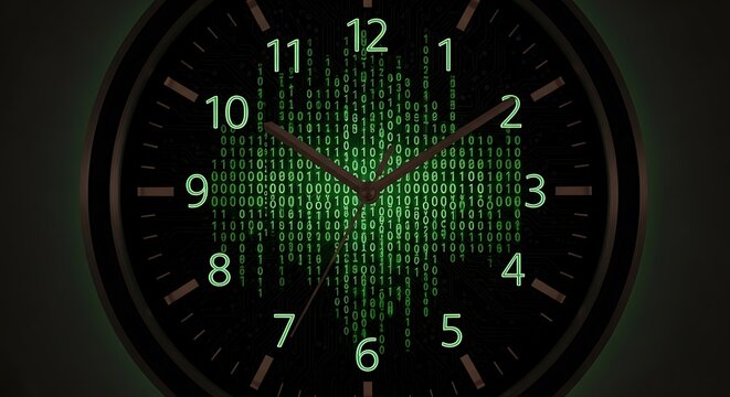 A clock with green binary code on its face showing time passing