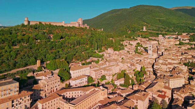 Aerial view of historic Assisi and Basilica of Saint Francis