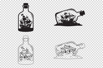 Collection of ship in a bottle illustrations vintage sailing vessel and modern design elements for nautical themes isolated on transparent background © Maria