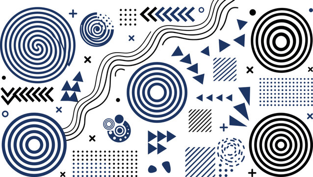 Abstract geometric pattern collection with spiral circles arrows triangles and modern minimal graphic design elements