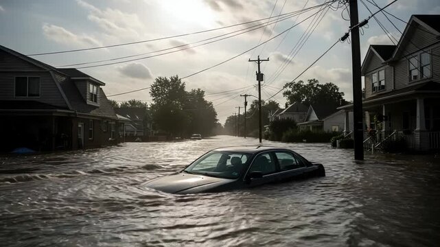 Car submerged in floodwater on a residential street