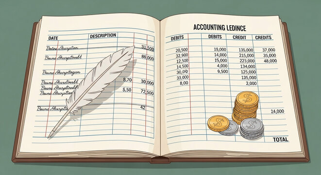 Retro Accounting Ledger Book Illustration with Financial Entries, Quill Pen, and Stacked Coins. Bookkeeping and Finance Concept.