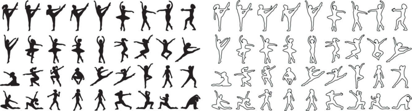 Ballet dancer silhouettes and line art icons, set of 64 ballerina vector elements, graceful dancing poses and gymnastic movements for performance art