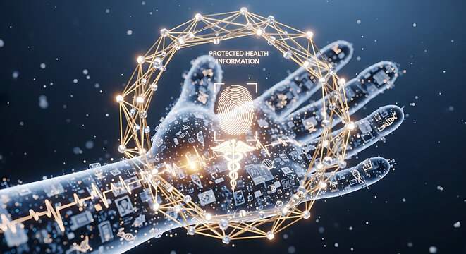 HIPAA Compliance and Medical Privacy concept featuring a digital hand with biometric fingerprint for Protected Health Information PHI data security