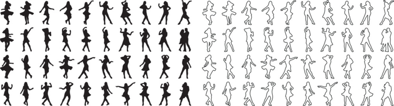 Dancing people silhouettes set, 80 vector icons of active party dancers, black solid and outline human figures for clubbing and music event design