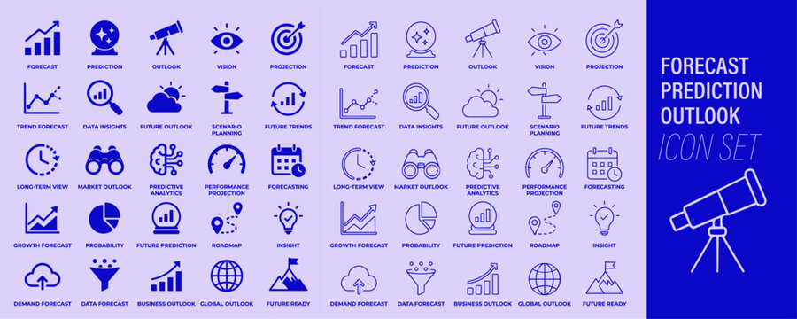 Forecast prediction outlook icon set with future trends, market projections, business analytics, probability insights and strategic planning concepts in monochrome blue style