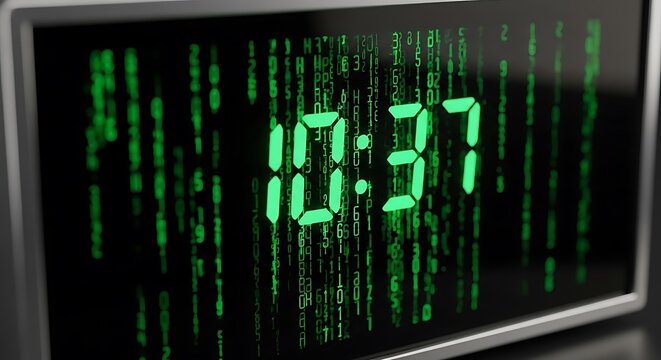 Close-up of a digital clock displaying 10:17 with green binary code on a screen background