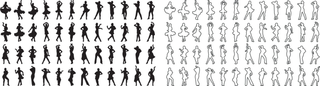 Dancing woman silhouettes set, female dancer outline vector collection, black girl posing figures, 80 icons for party and fitness design