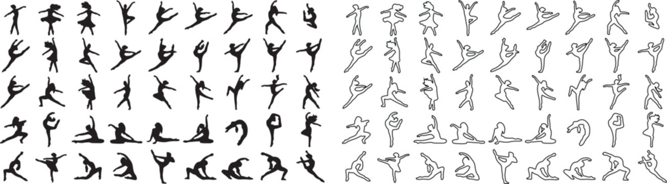 Contemporary dance silhouettes and line art icons, set of 100 dancer poses, expressive ballet and modern dance vector figures for performance posters