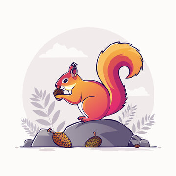 Cute cartoon squirrel eating a nut on a rock