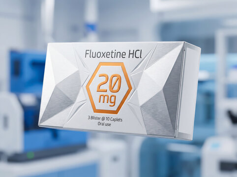 Fluoxetine antidepressant medication box in a modern laboratory setting