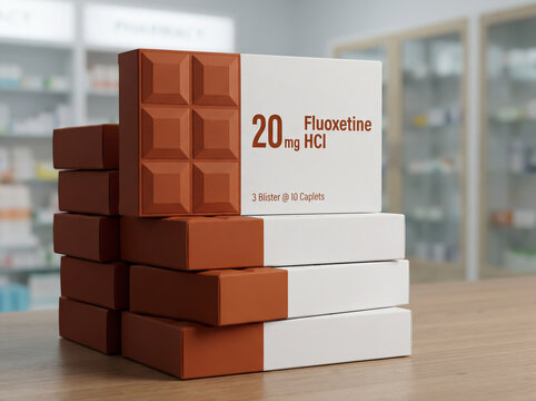 Stack of Fluoxetine antidepressant medication boxes in a pharmacy