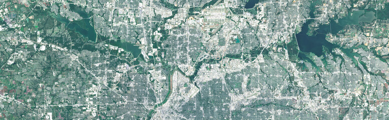 Fototapeta premium Dallas Metropolitan Area in the USA Viewed from Space – Urban Sprawl, Highways and City Infrastructure in Satellite Imagery