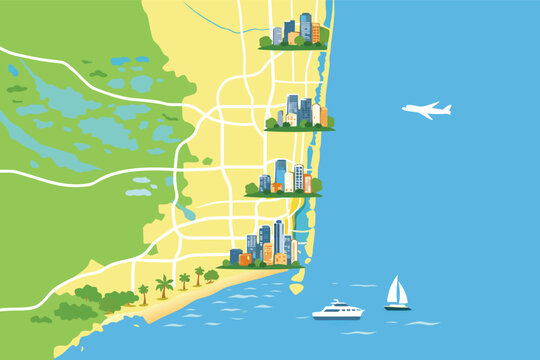 Vector Illustration of South Florida Map Featuring Miami and Fort Lauderdale Skylines with Coastal Cities, Atlantic Ocean, Everglades, Airplane, and Boats for Travel and Tourism Concepts