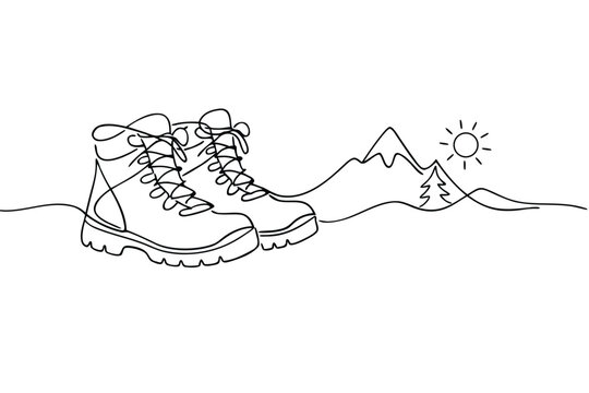 Minimalist Continuous Line Drawing of Sturdy Hiking Boots with a Scenic Mountain Landscape Background, Symbolizing Outdoor Adventure, Exploration, Trekking, and the Spirit of Nature Travel.