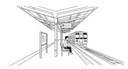 Person waiting for train at station platform, minimalist line art illustration © Muhamad