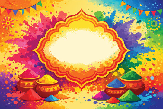 Vibrant Holi Festival Background with Colorful Powder Splashes, Traditional Clay Pots Filled with Gulal, Decorative Frame for Text, and Festive Bunting Flags for Indian Spring Celebration.