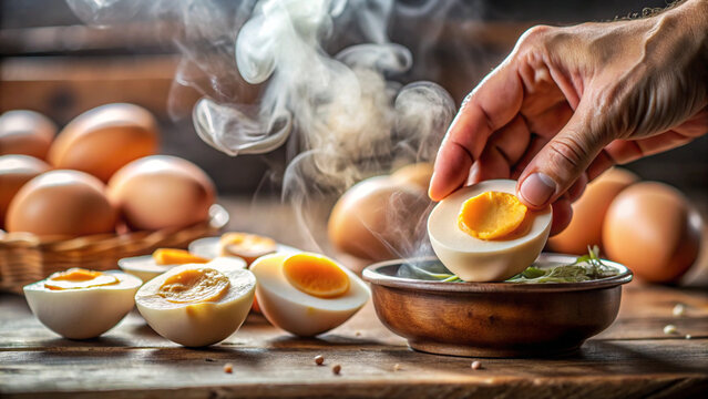woman hands holding  eggs Slice of boiled egg in hand