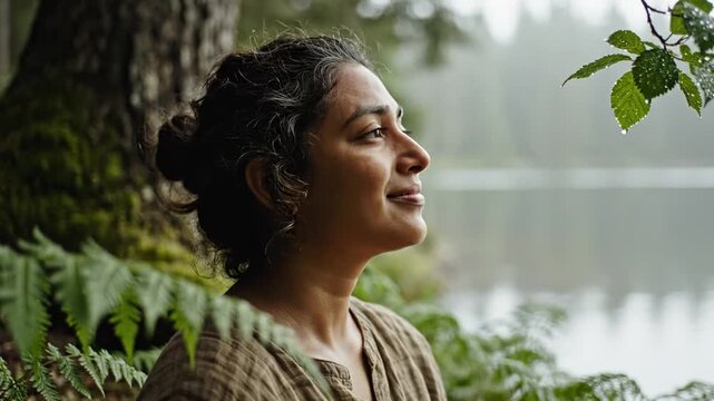Woman meditating with closed eyes in peaceful forest