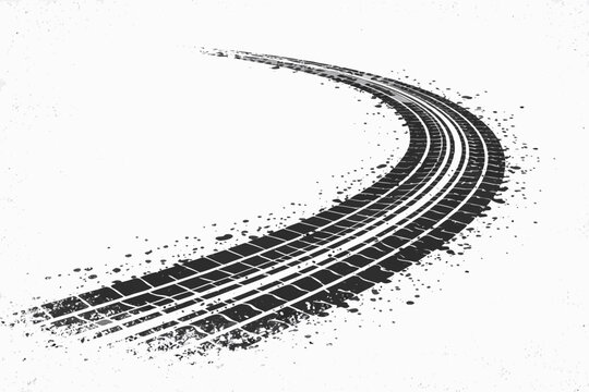 Black Tire Track Vector Illustration with Grungy Texture and Ink Splatters on White Background. Curved Car Wheel Marks for Racing, Drifting, and Automotive Design. High Quality Graphic Element.