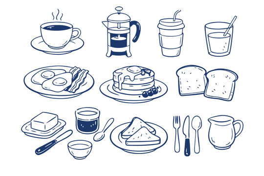 Detailed hand drawn vector breakfast illustration set featuring hot coffee mug, fried eggs, crunchy toast, fresh butter, fluffy pancakes, and minimal tableware for a healthy morning routine.