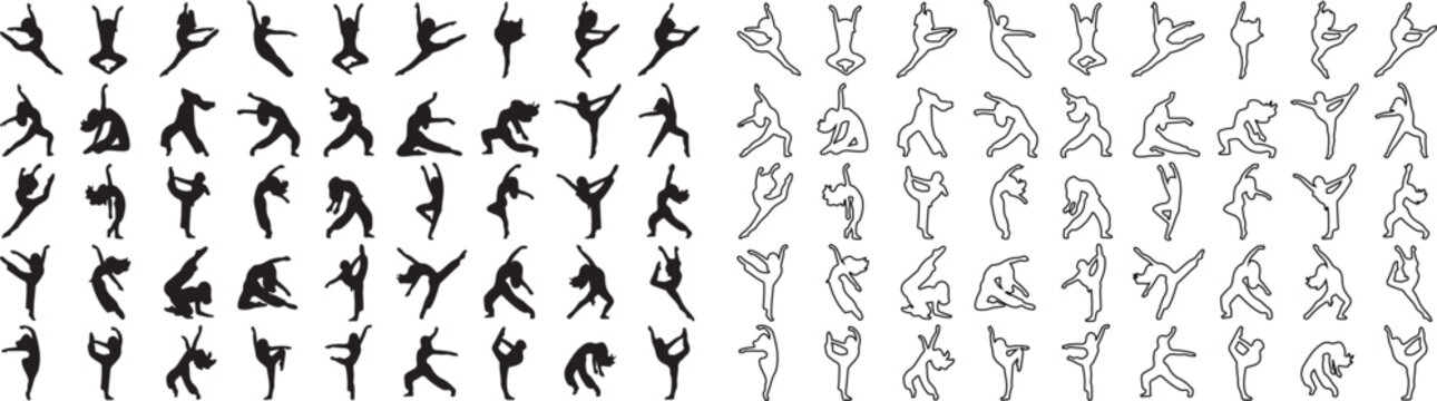Contemporary dance silhouettes and line art set, 100 dancer icons in various poses, black ballet and gymnastics vector figures for performance posters