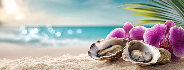 Fototapeta na wymiar Oysters served on a beach with orchids and palm leaves under a clear blue sky