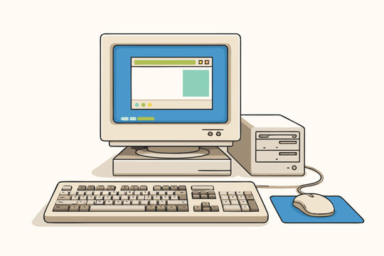 Nostalgic vintage retro computer setup with monitor keyboard and mouse in a simple flat vector illustration style for classic technology hardware themes old school workspace and PC history.
