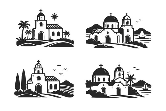 Minimalist black and white icon set of Spanish and Greek churches with Mediterranean landscapes, featuring chapels, palm trees, mountains, sailboats, and windmills in a simple flat vector style.