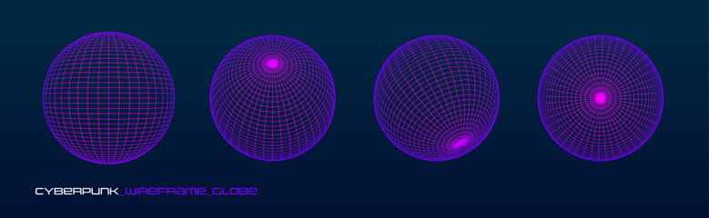 Purple wireframe globe set with geometric grid lines. Futuristic 3D sphere HUD design for cyberpunk interfaces and digital tech visuals © Art_Stars