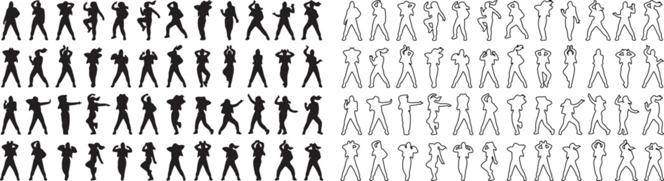 Dancing people silhouettes and line art icons, set of 80 dancing figures in various poses, black vector human silhouettes for party and music events