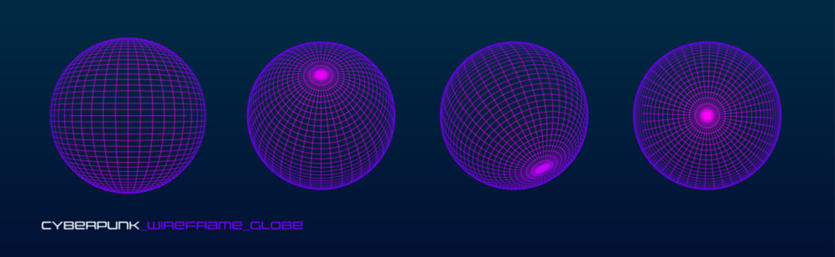 Purple wireframe globe set with geometric grid lines. Futuristic 3D sphere HUD design for cyberpunk interfaces and digital tech visuals