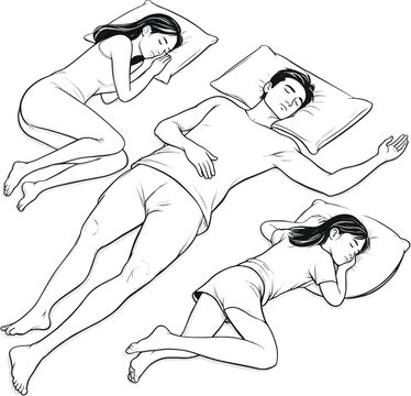Isolated a realistic Top view line illustration of people sleeping in different poses, resting on pillow, bedtime and relaxation concept in clean minimal outline style vector art with white background