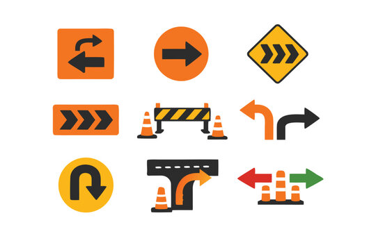 Set of Flat Vector Road Sign Icons for Detour and Diversion, Including Traffic Redirection Symbols, Guidance Arrows, Safety Cones, and Barriers for Construction and Roadwork Management.