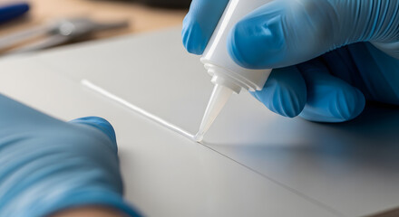 Fototapeta premium Close up of gloved hands applying a bead of white sealant along a seam on a flat surface