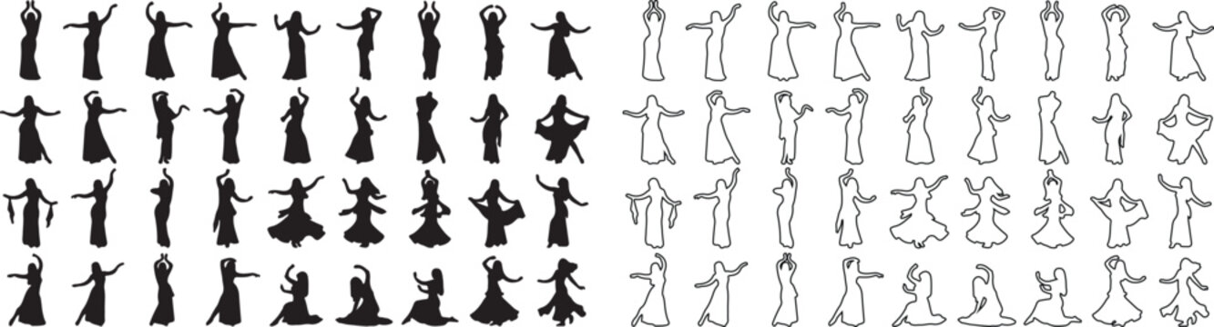 Belly dancer silhouette collection, 72 oriental dance vector icons, middle eastern performer outlines for traditional culture and entertainment design