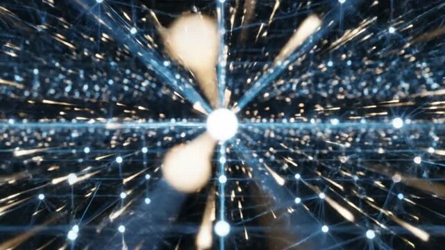 Abstract glowing digital network of interconnected nodes and lines creating a futuristic data stream effect