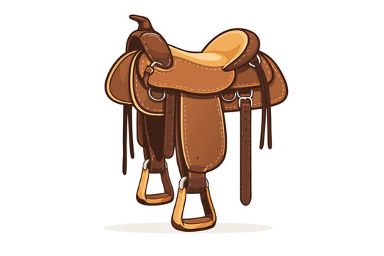 Western horse saddle vector illustration in a clean modern flat style featuring brown leather seat, stirrups, and horn, perfect for equestrian sports, cowboy culture, and rodeo ranching equipment.
