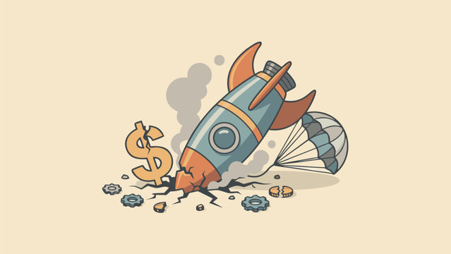 Stylized rocket crashing into the ground with a broken dollar sign and gears, representing startup failure, financial crisis, business collapse, and economic downturn in a flat vector style.