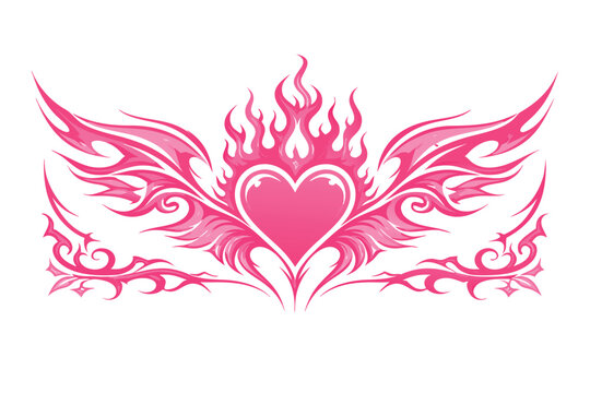 Pink Neo Tribal Heart with Flames and Wings, Y2K Emo Aesthetic Vector Illustration. Abstract Silhouette for Tattoo Design, Sticker, or Apparel Graphic. Symmetrical Cybercore Art Element Design.